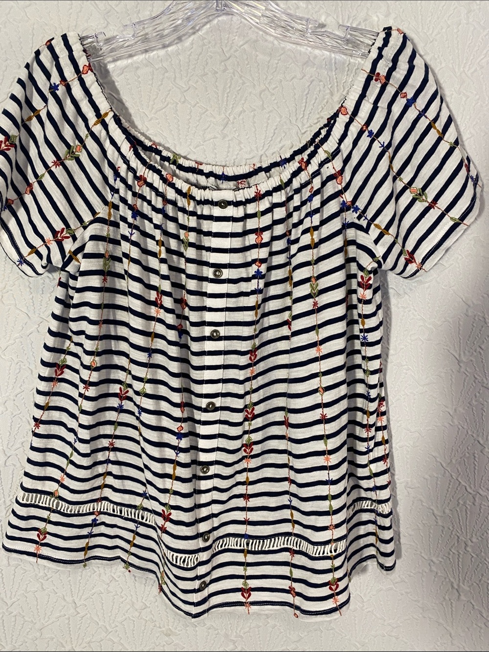 Lucky Brand Navy & White Striped Off-Shoulder Top with Floral Embroidery